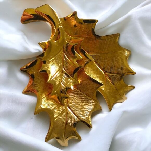 Autumn Leaf Leaves Cluster Brooch Pin Lightweight Vintage Gold Tone Shiny Estate - Picture 8 of 13